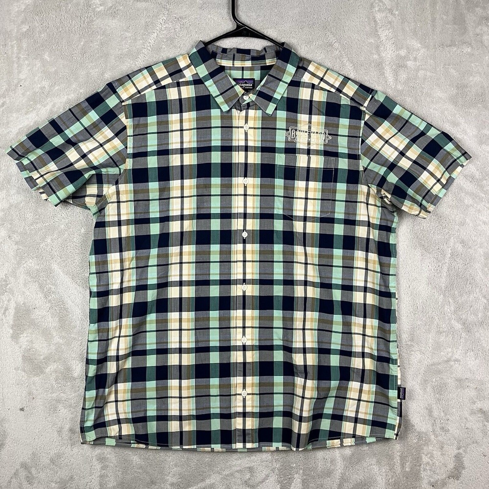 Patagonia Shirt Mens 2XL Green‎ Blue Plaid Boulevard Brewing Beer Organic Cotton
